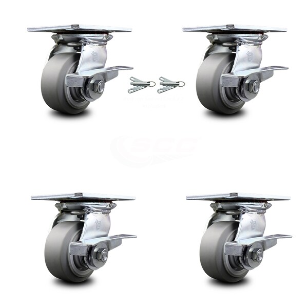 Service Caster 4 Inch Thermoplastic Caster Set with Roller Bearing 4 Brake and 2 Swivel Lock SCC-35S420-TPRRF-SLB-BSL-2-SLB-2 - main